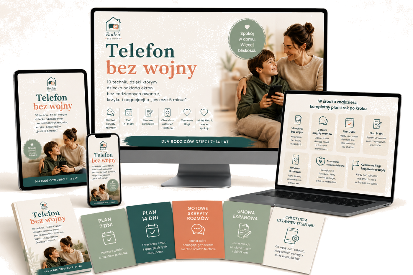 Pakiet Telefon bez wojny na laptopie, tablecie i telefonie — okładka PDF, plan 7 i 14 dni, umowa ekranowa, checklista ustawień